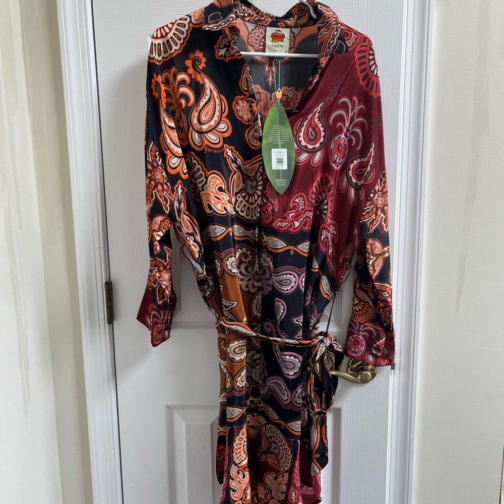 FARM Rio Paisley Dress in Burgundy, Black & Rust